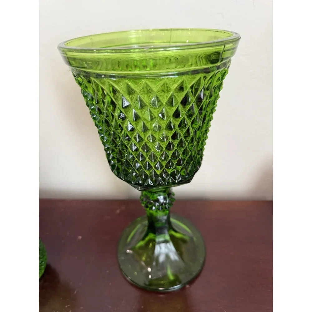 Lot Of 3 VTG Diamond‎ Point Green Pedestal Compote Vase w/ 2 Candleholders